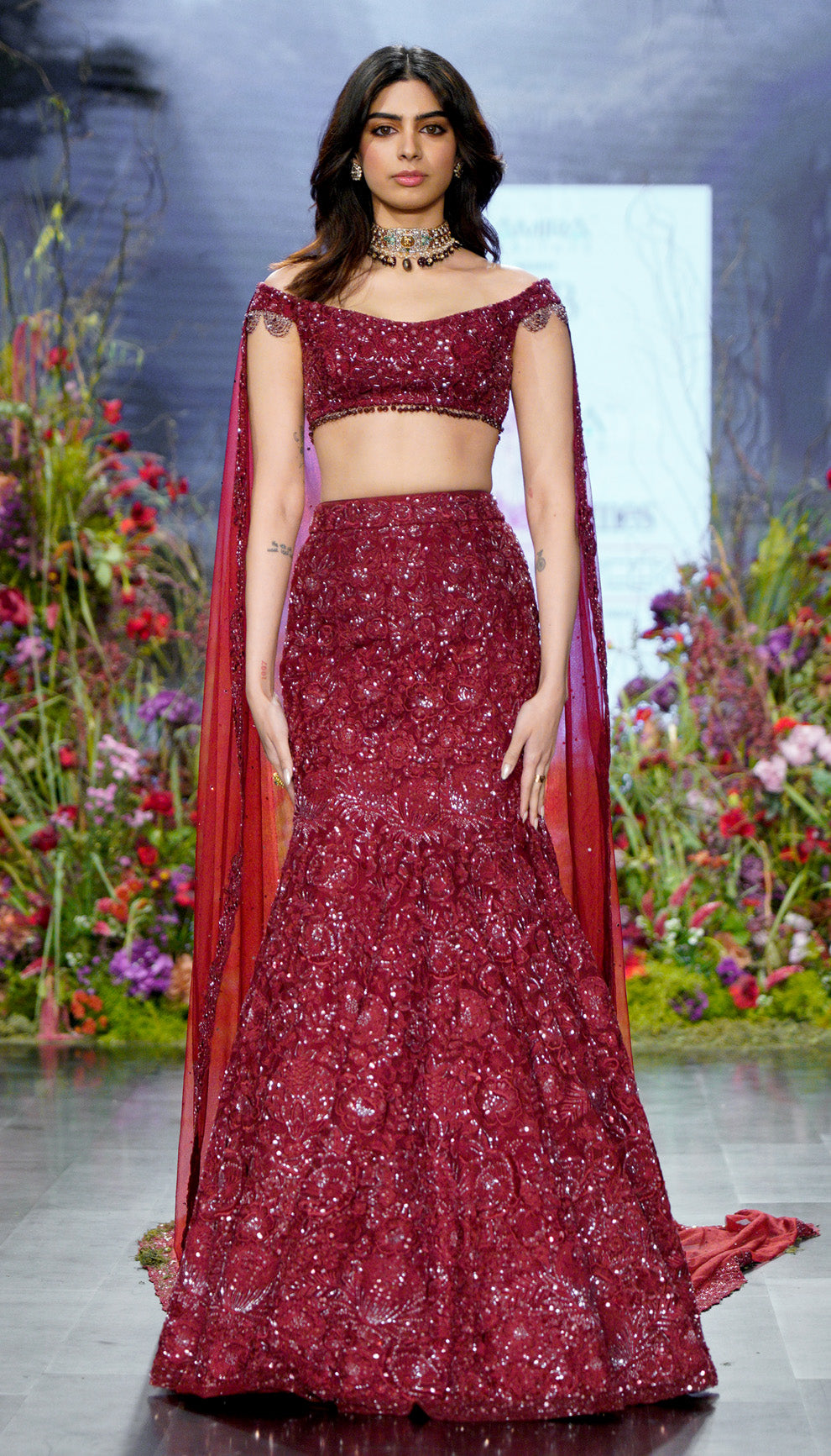 A Ruby wine fluted Lehenga