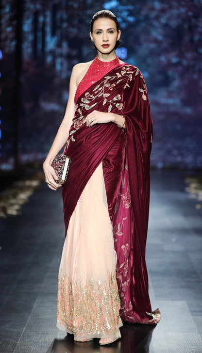 Wine Velvet Saree