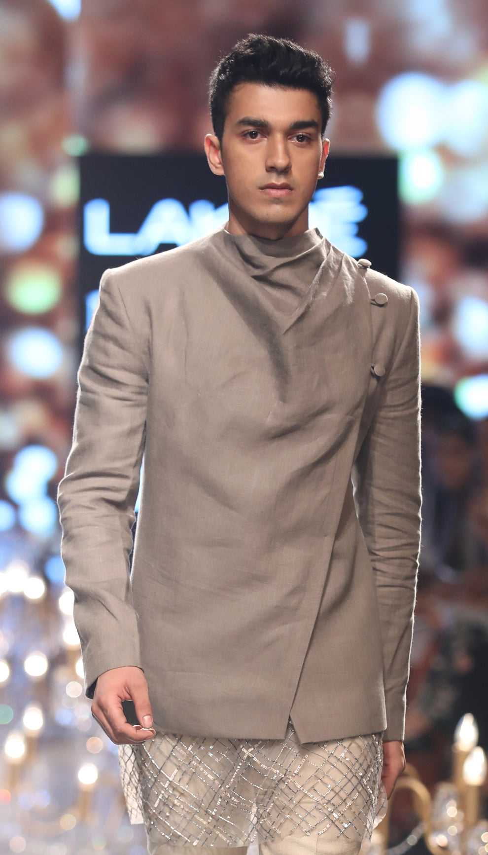 Drape Collar Linen Jacket with Sequin Tulle Kurta