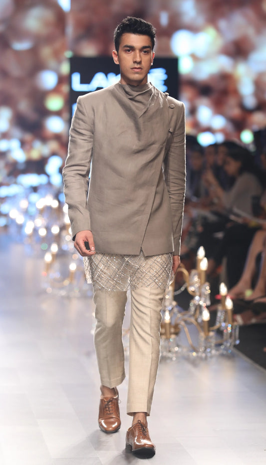 Drape Collar Linen Jacket with Sequin Tulle Kurta