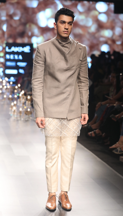 Drape Collar Linen Jacket with Sequin Tulle Kurta