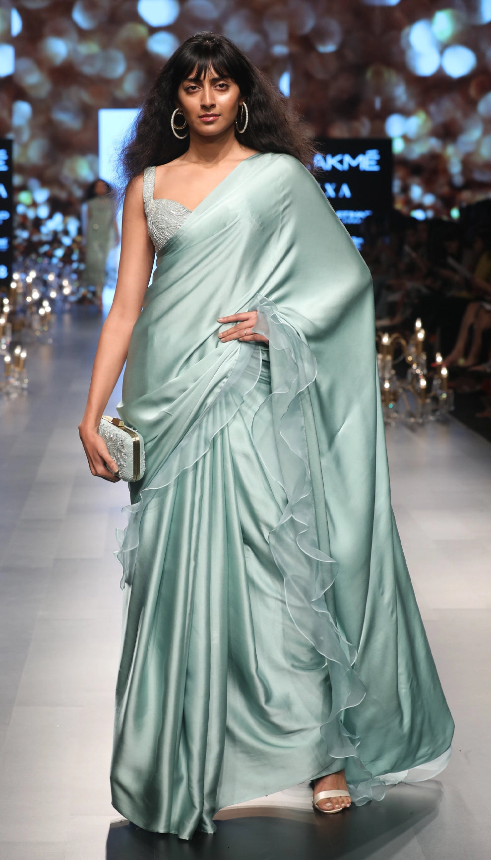 Misty Blue Satin Saree with Ruffled Organza