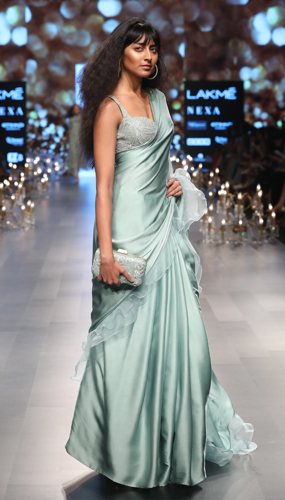 Misty Blue Satin Saree with Ruffled Organza