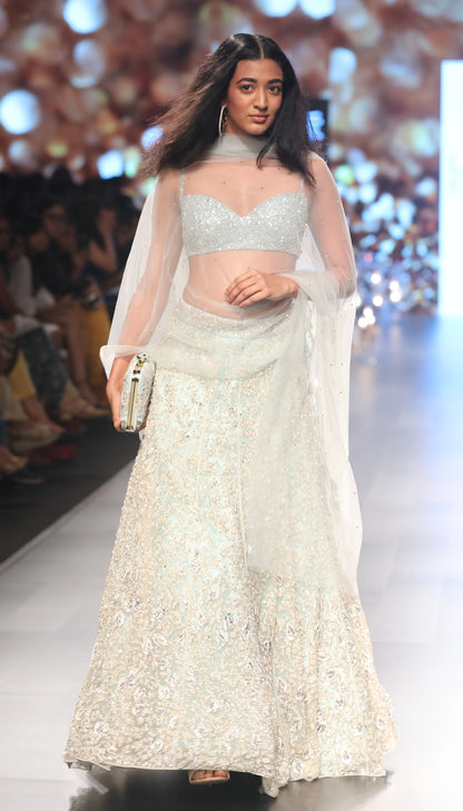 Sky Blue Paneled Tulle Lehenga