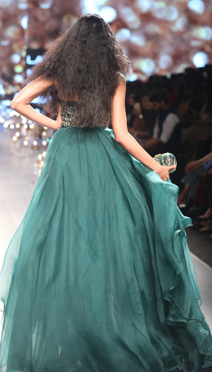 Flared emerald green organza gown