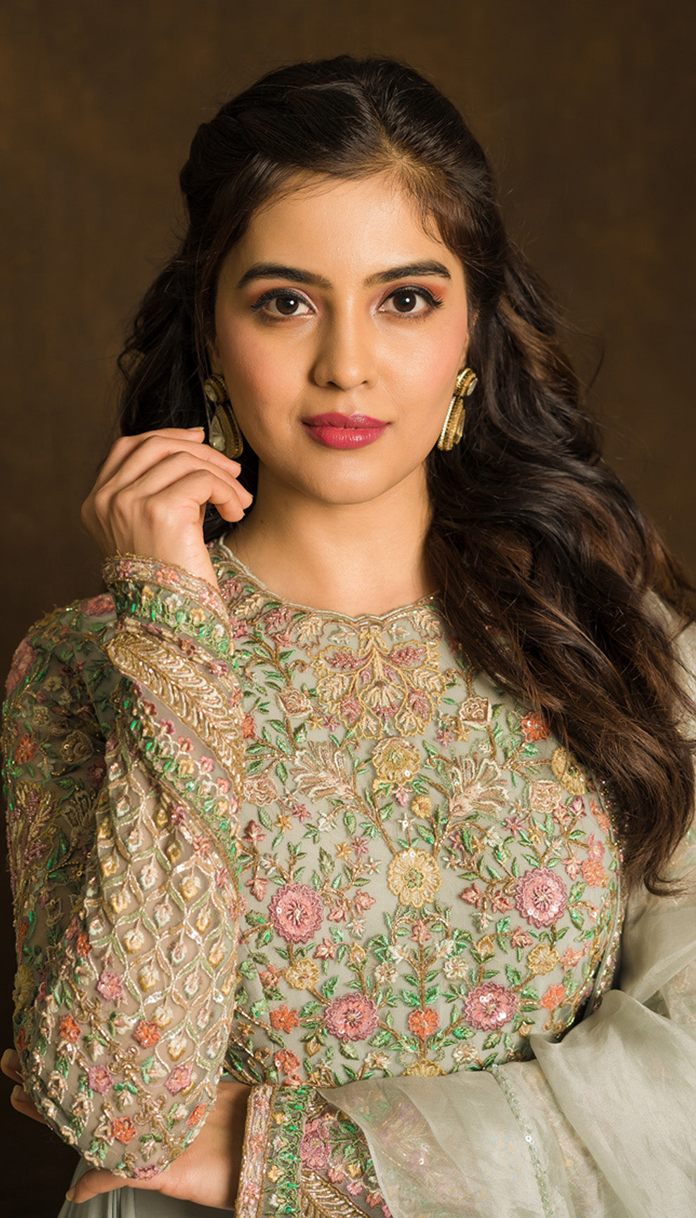 Amritha Aiyer in Cowl Dress with Dense Floral Work