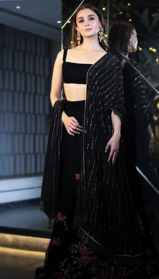 Alia Bhatt Enchants in a Velvet Skirt Adorned with Hand-Embroidered Primroses