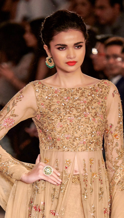 Gold Tulle Jacket with Contrast Floral Embroidery & Matching Silk Lehenga