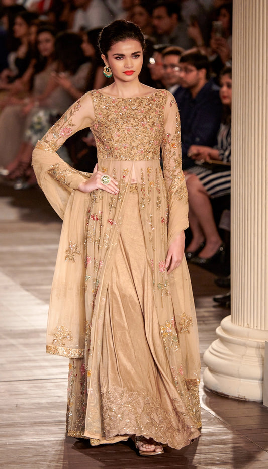 Gold Tulle Jacket with Contrast Floral Embroidery & Matching Silk Lehenga