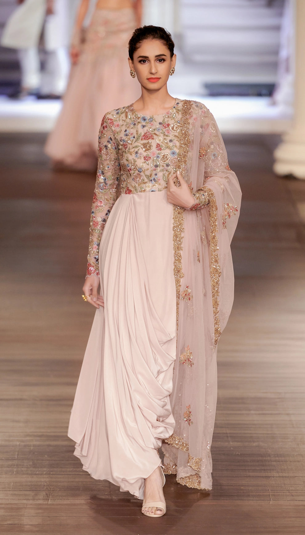 Muted Pink Cowl Dress with Tulle Churidaar & French Lace-Inspired Embroidery