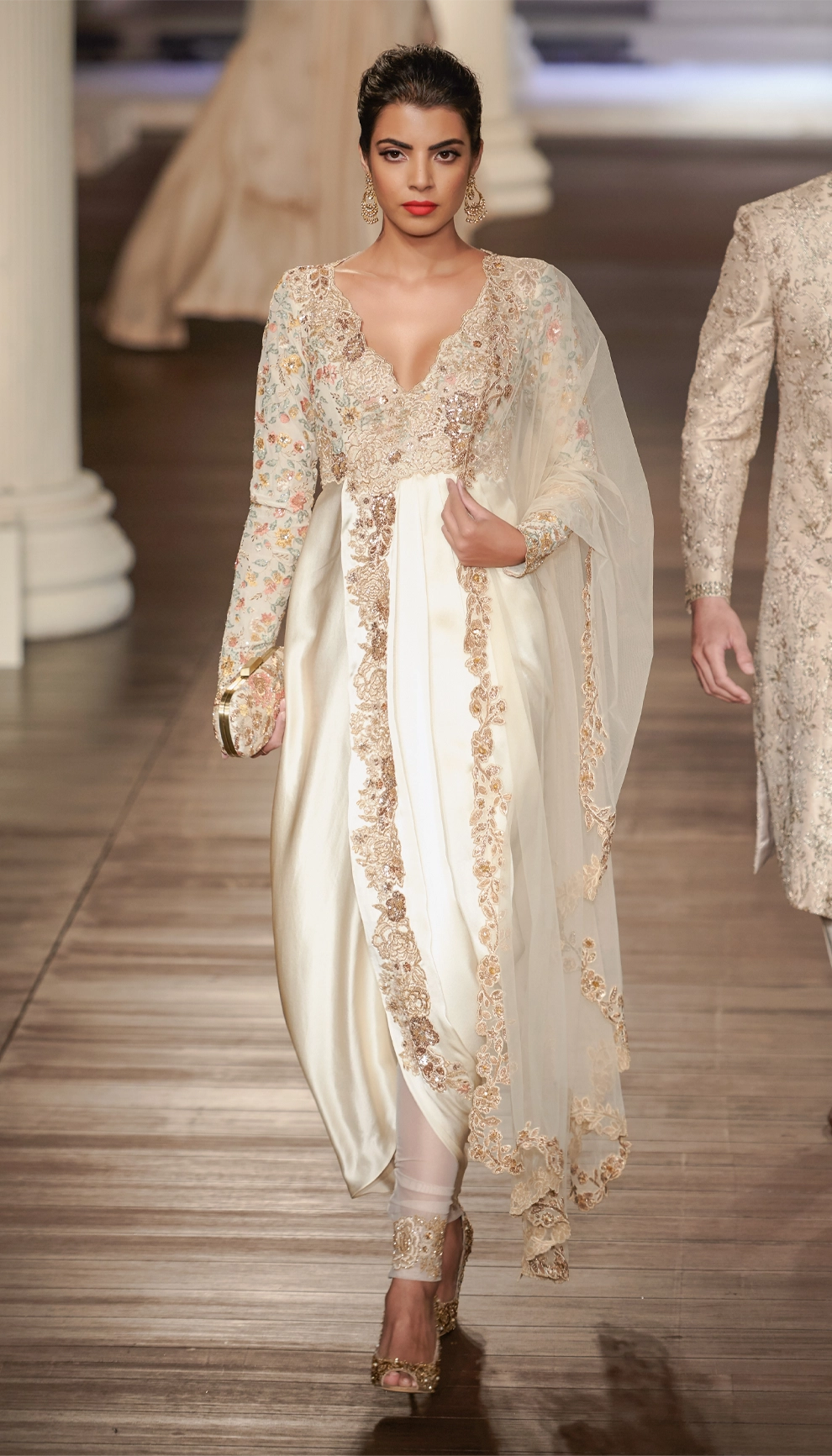 Ivory Satin Cowl Dress with Crepe Silk Yoke & Intricate Sequins