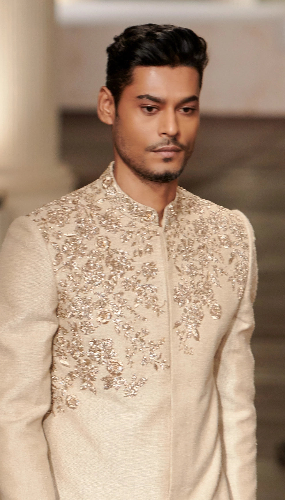 Muted Ivory Matka Silk Sherwani with Rose Gold Embroidery