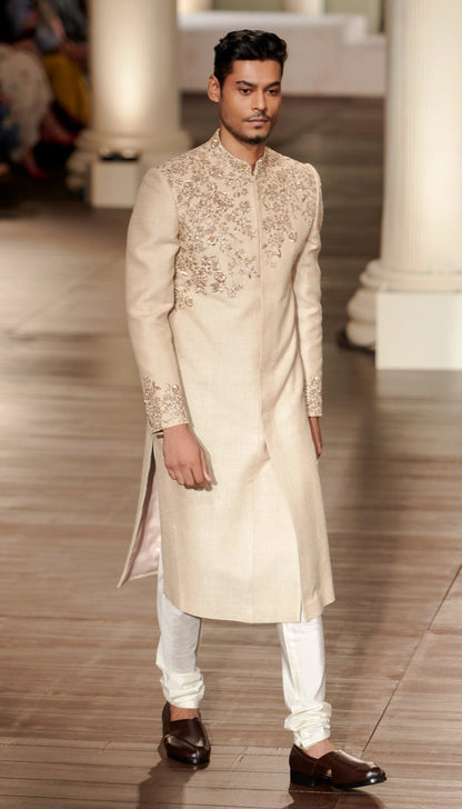 Muted Ivory Matka Silk Sherwani with Rose Gold Embroidery