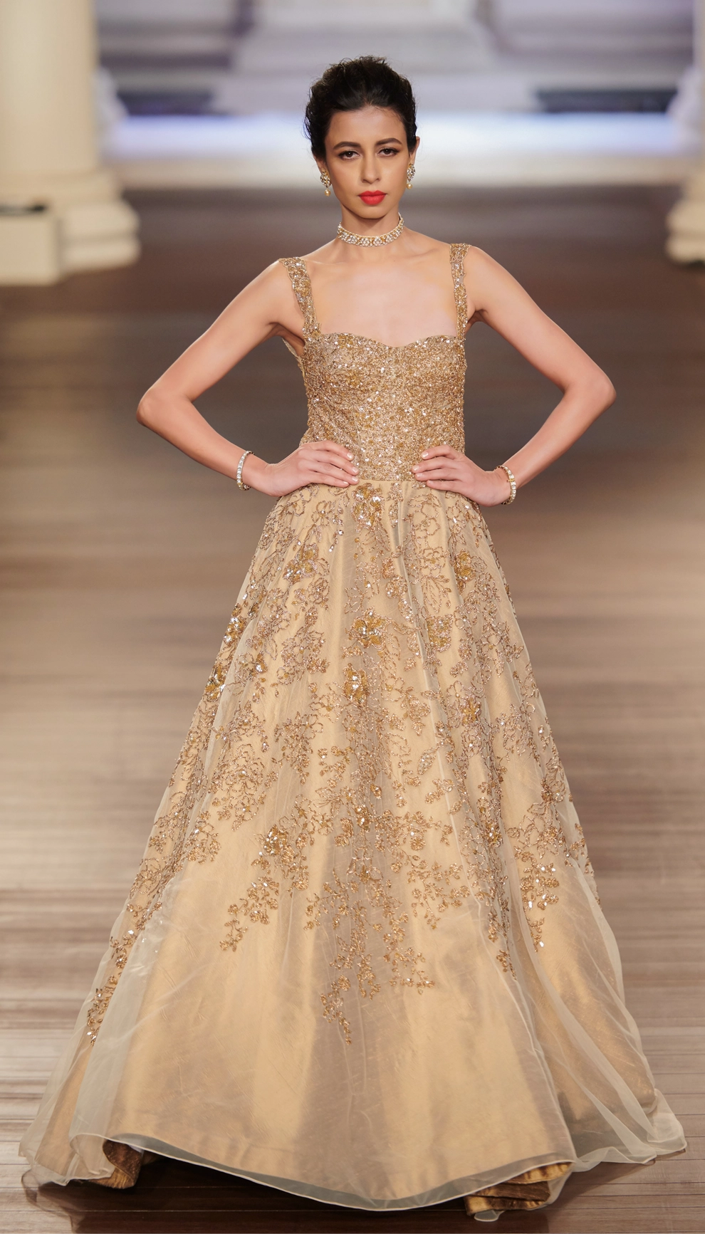 Champagne Tulle Gown with Gold Foil-Like Peeta Embroidery