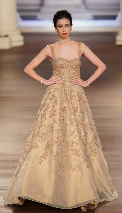 Champagne Tulle Gown with Gold Foil-Like Peeta Embroidery