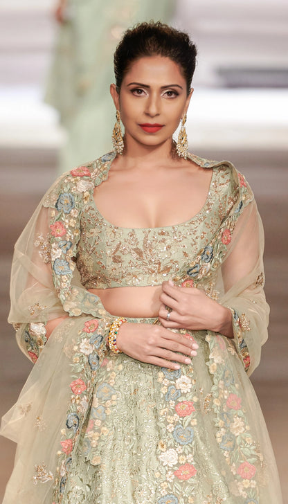 Dusty Mint Raw Silk Lehenga with Tonal Embroidery & Pitta Blouse