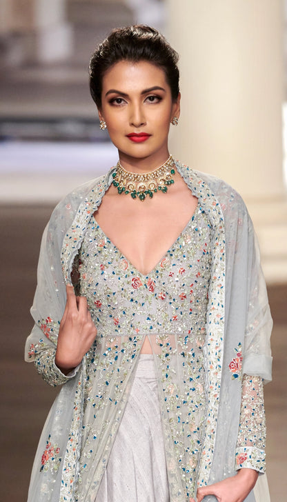 Dusty Blue Tulle Jacket with English Rose Embroidery Over Moon Grey Lehenga