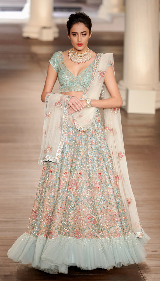 Sky Blue Tulle Lehenga with Contrast Appliqué & Floral Embroidery