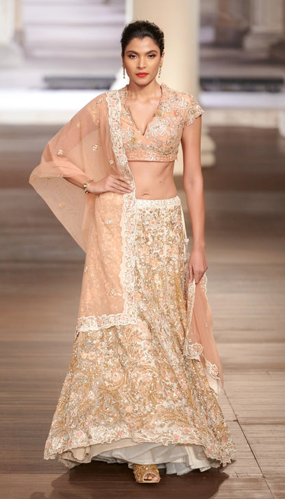 Ivory Tulle Lehenga with Swirl Motifs Inspired by Versailles Brocades