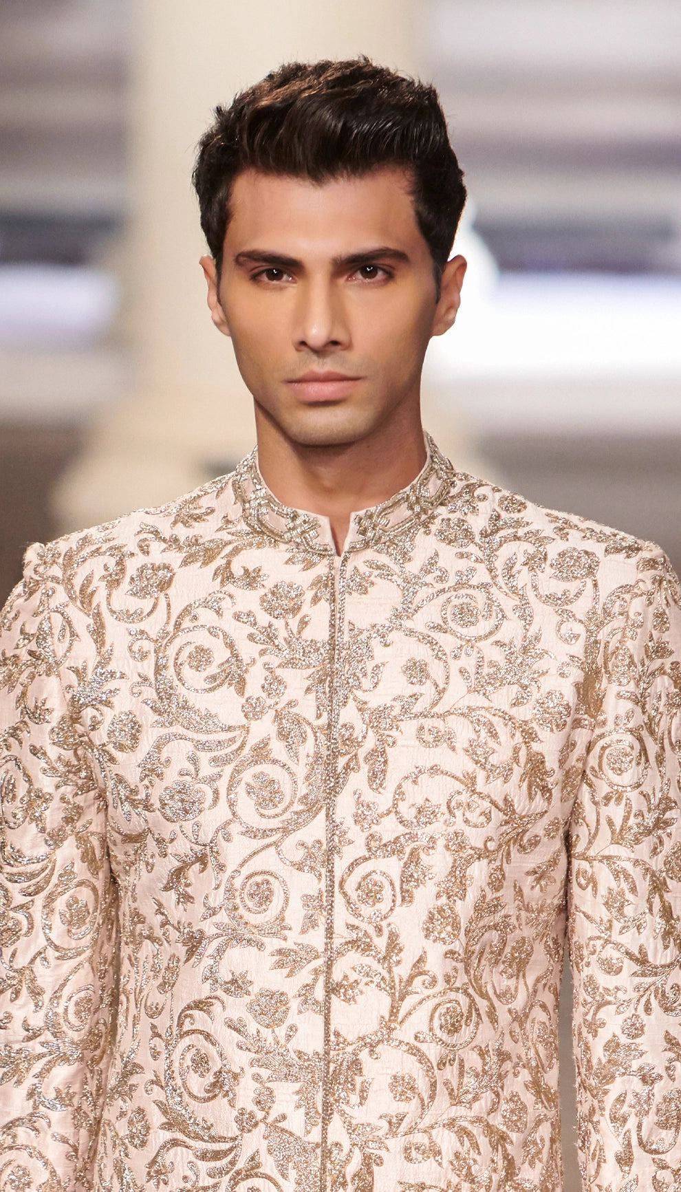 Pink Raw Silk Sherwani with Antique Rose Gold Embroidery