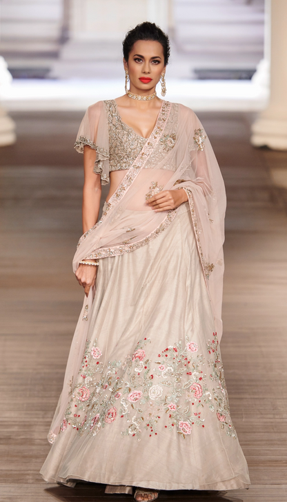 Moon Grey Tulle Lehenga with Floating Florals in Cream, Pink & Rose