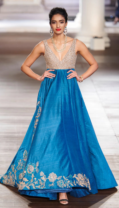 Blue Ball Gown with Floral Hem and Aari-Pita Embroidery