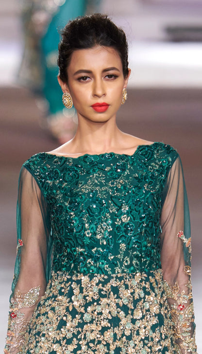 Emerald Green Tulle Gown with Aari Embroidery & Sequins