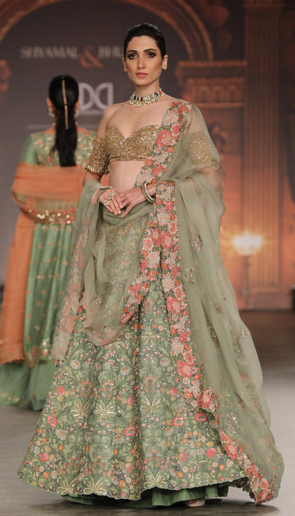 A Vintage Green Raw Silk Lehenga