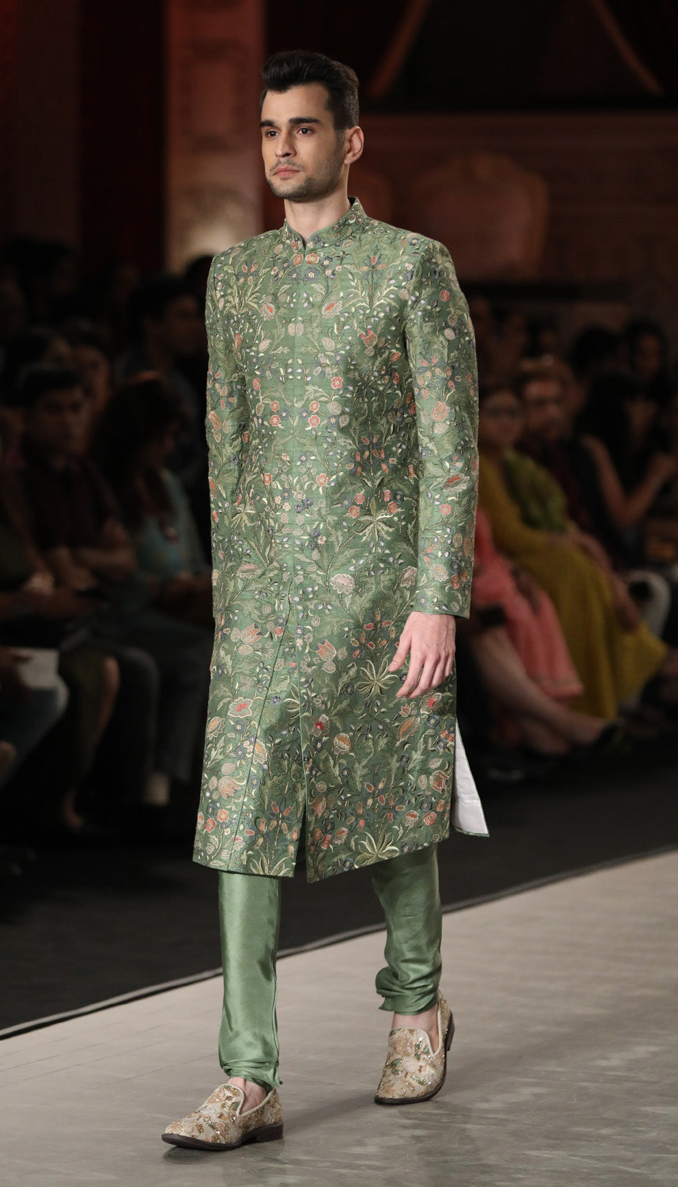 A Muted Olive Raw Silk Sherwani