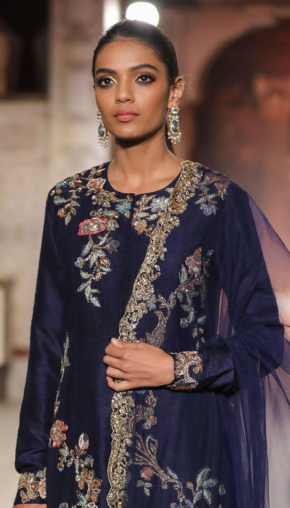 A Crisp Raw silk Muted Royal Blue Sherwani