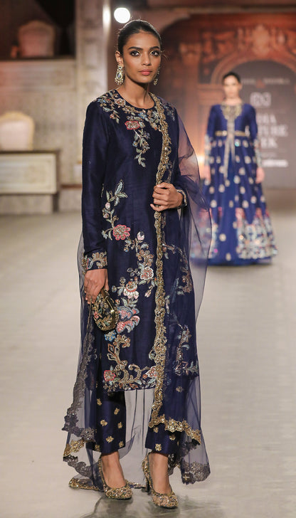 A Crisp Raw silk Muted Royal Blue Sherwani