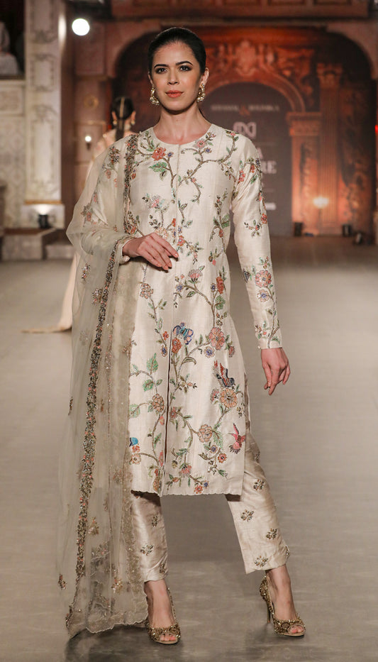 A Crisp Raw Silk Muted Ivory Sherwani