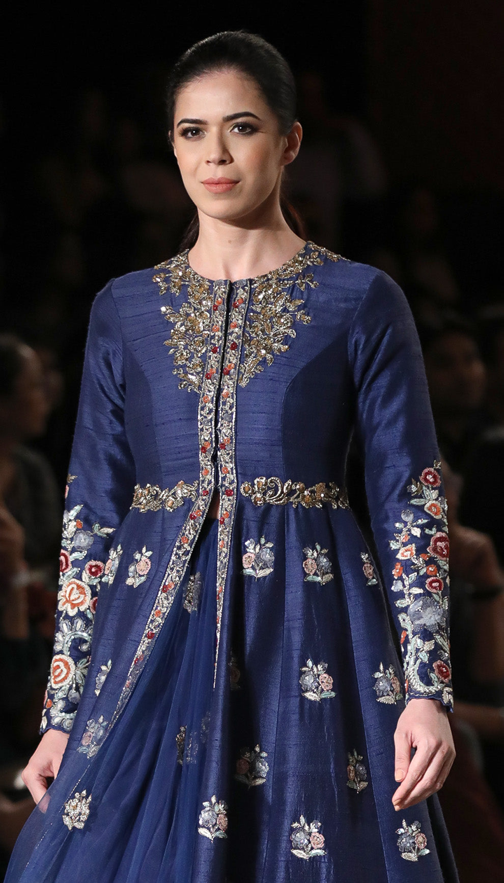 A Classic Muted Royal Blue Panelled Jacket lehenga