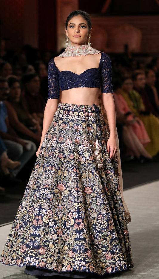 A Midnight Blue Raw Silk Lehenga Inspired by Classic Mogul Florals