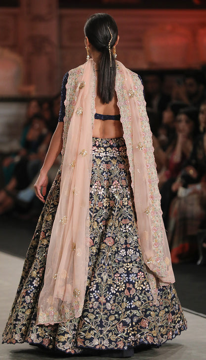 A Midnight Blue Raw Silk Lehenga Inspired by Classic Mogul Florals