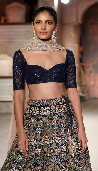 A Midnight Blue Raw Silk Lehenga Inspired by Classic Mogul Florals