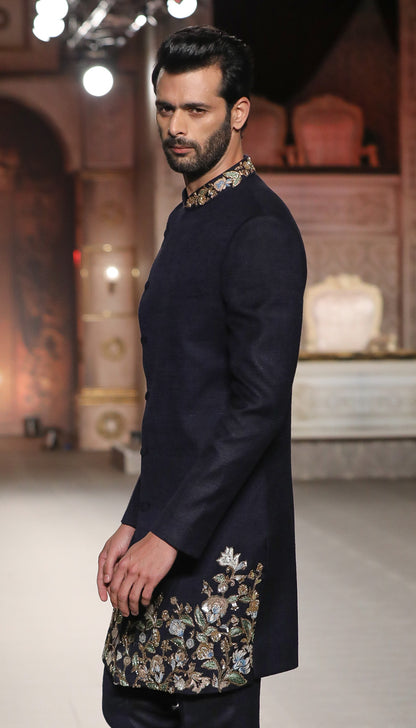 A Midnight Blue Matka Silk Overlap Sangeet Jacket