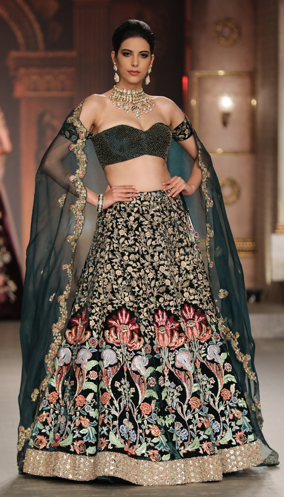 A Deep Emerald Velvet Lehenga