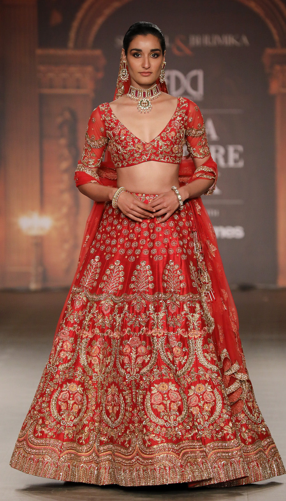 A Fiery Red Raw Silk Panelled Lehenga