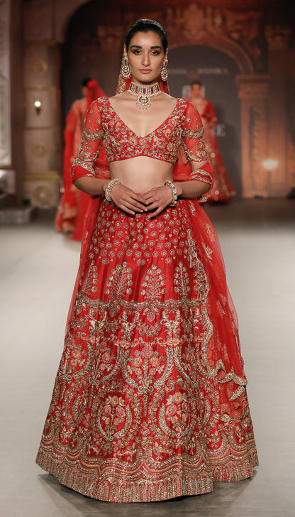 A Fiery Red Raw Silk Panelled Lehenga