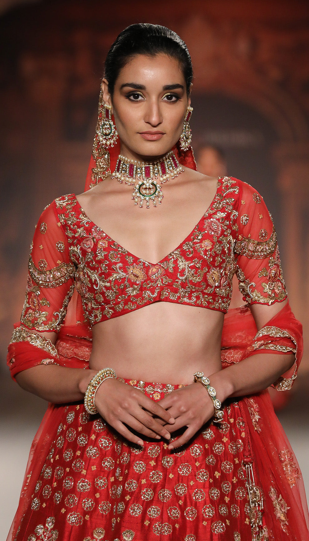 A Fiery Red Raw Silk Panelled Lehenga