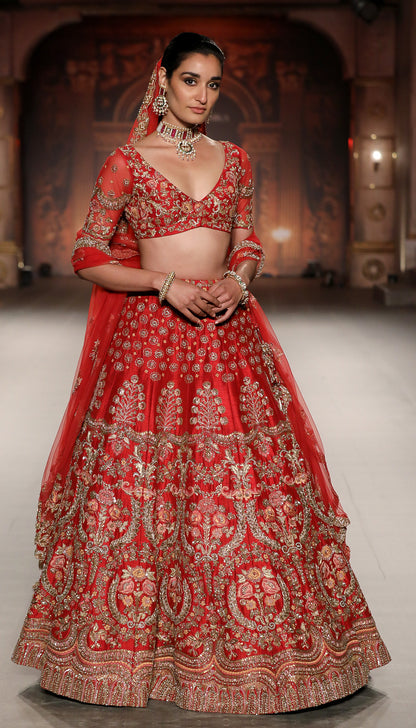 A Fiery Red Raw Silk Panelled Lehenga