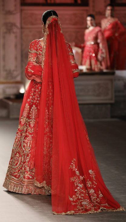 A Fiery Red Raw Silk Panelled Lehenga