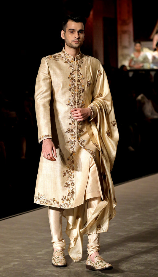 A Muted Ivory Rich Matka Silk Sherwani