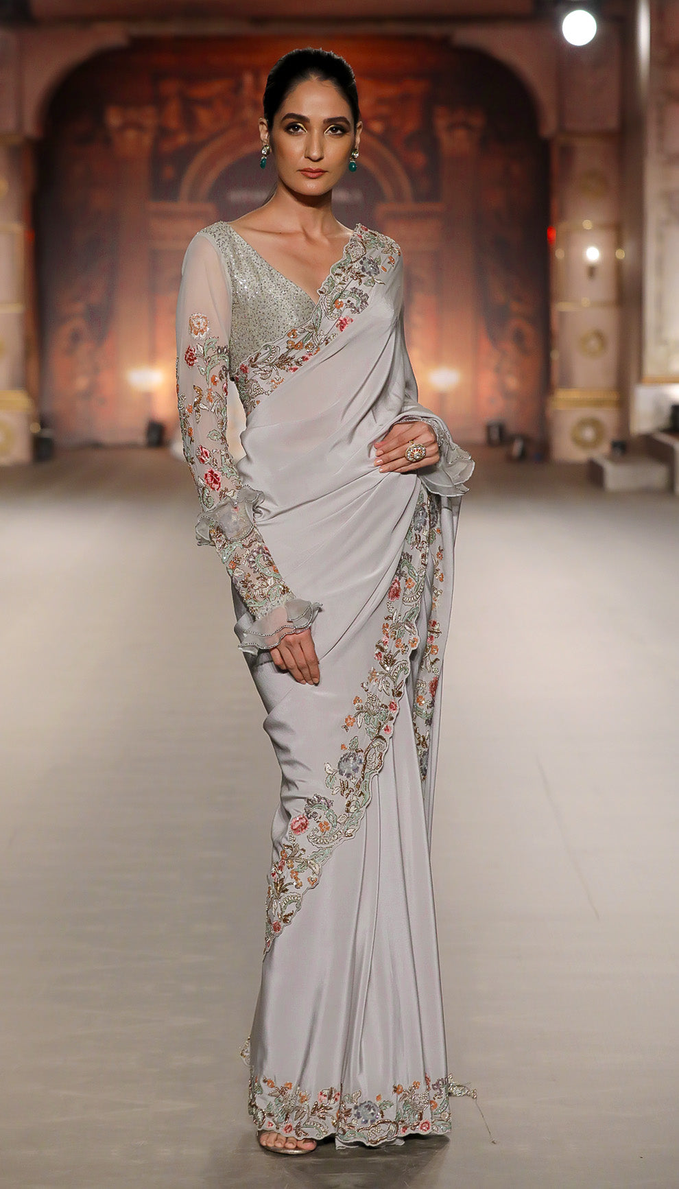 A Mood Grey Crepe Silk Saree with a Vintage Floral Border