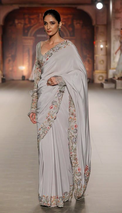 A Mood Grey Crepe Silk Saree with a Vintage Floral Border