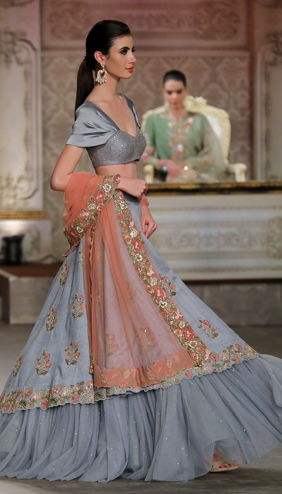 A Classic Asymetric Hem Pale Blue Raw Silk Lehenga