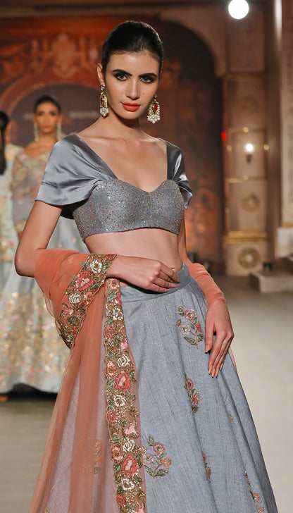 A Classic Asymetric Hem Pale Blue Raw Silk Lehenga