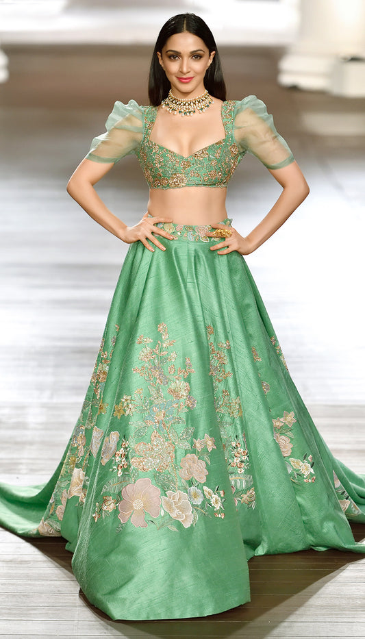 Kiara Advani Inspired European Green Raw Silk Lehenga by Shyamal & Bhumika