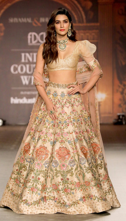 Kriti Sanon in a Muted Beige Raw Silk Lehenga Inspired by 17th Century Frescos